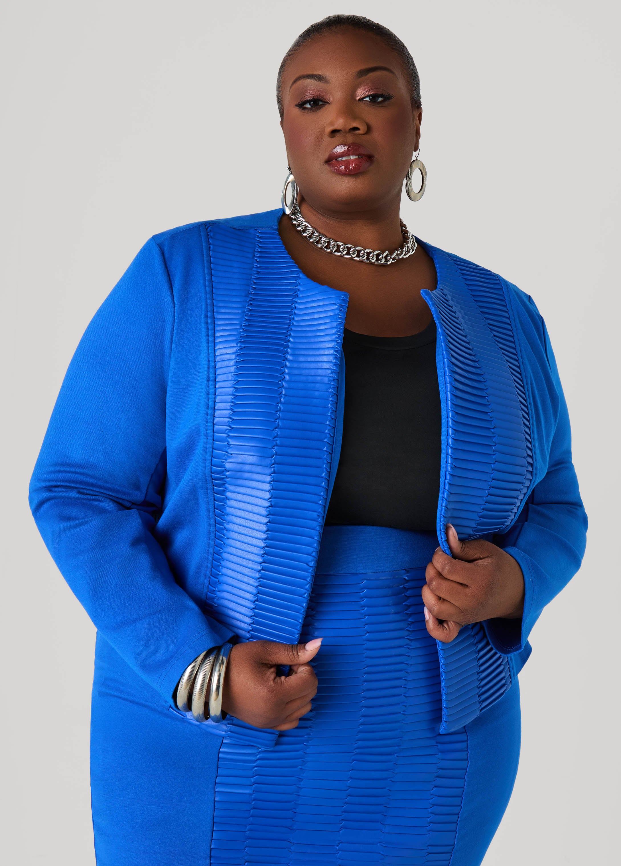 Plus Size Pleated Faux Leather Ponte Jacket, Nautical Blue, 26/28 - Ashley Stewart