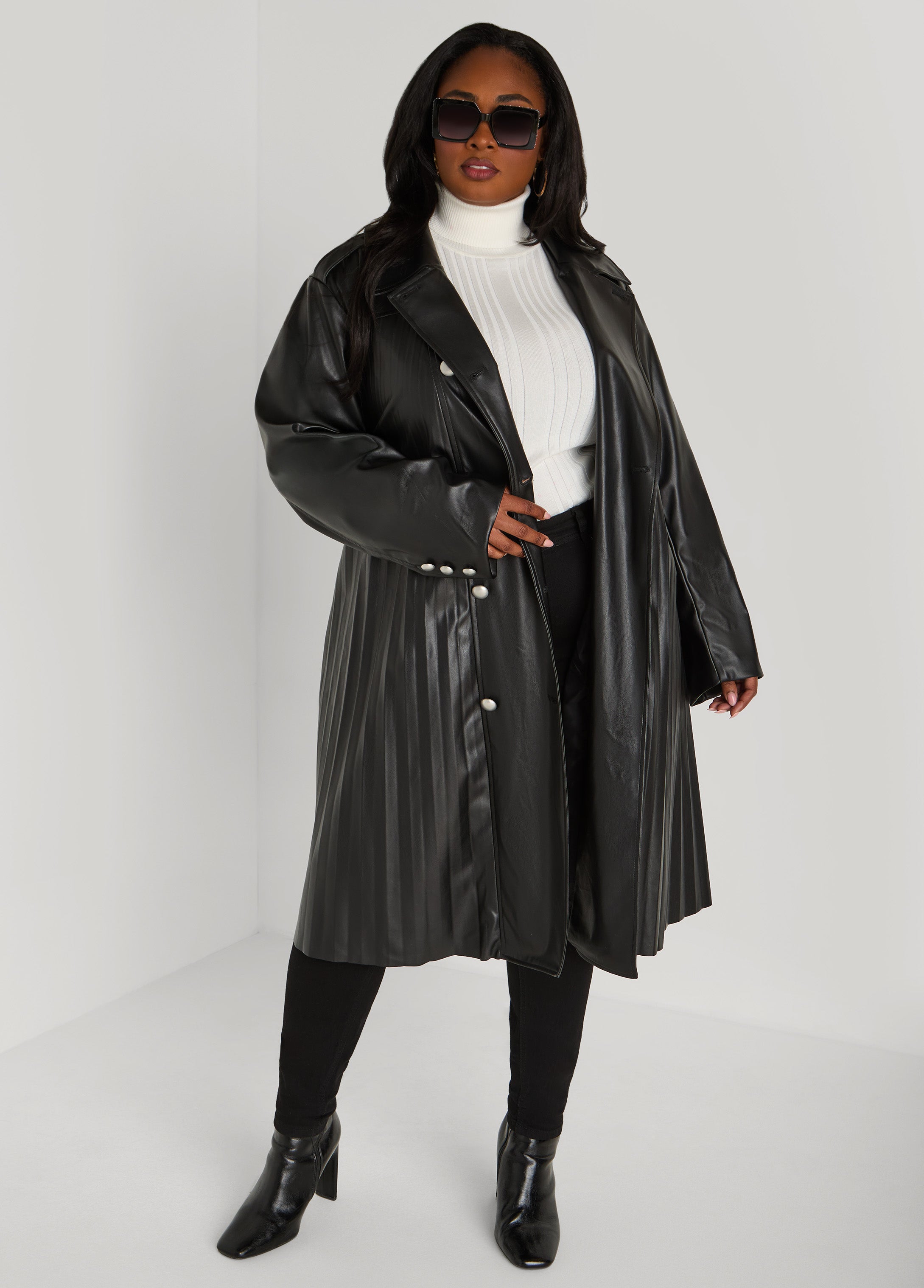 Plus Size Pleated Faux Leather Trench Coat, Black, 22/24 - Ashley Stewart
