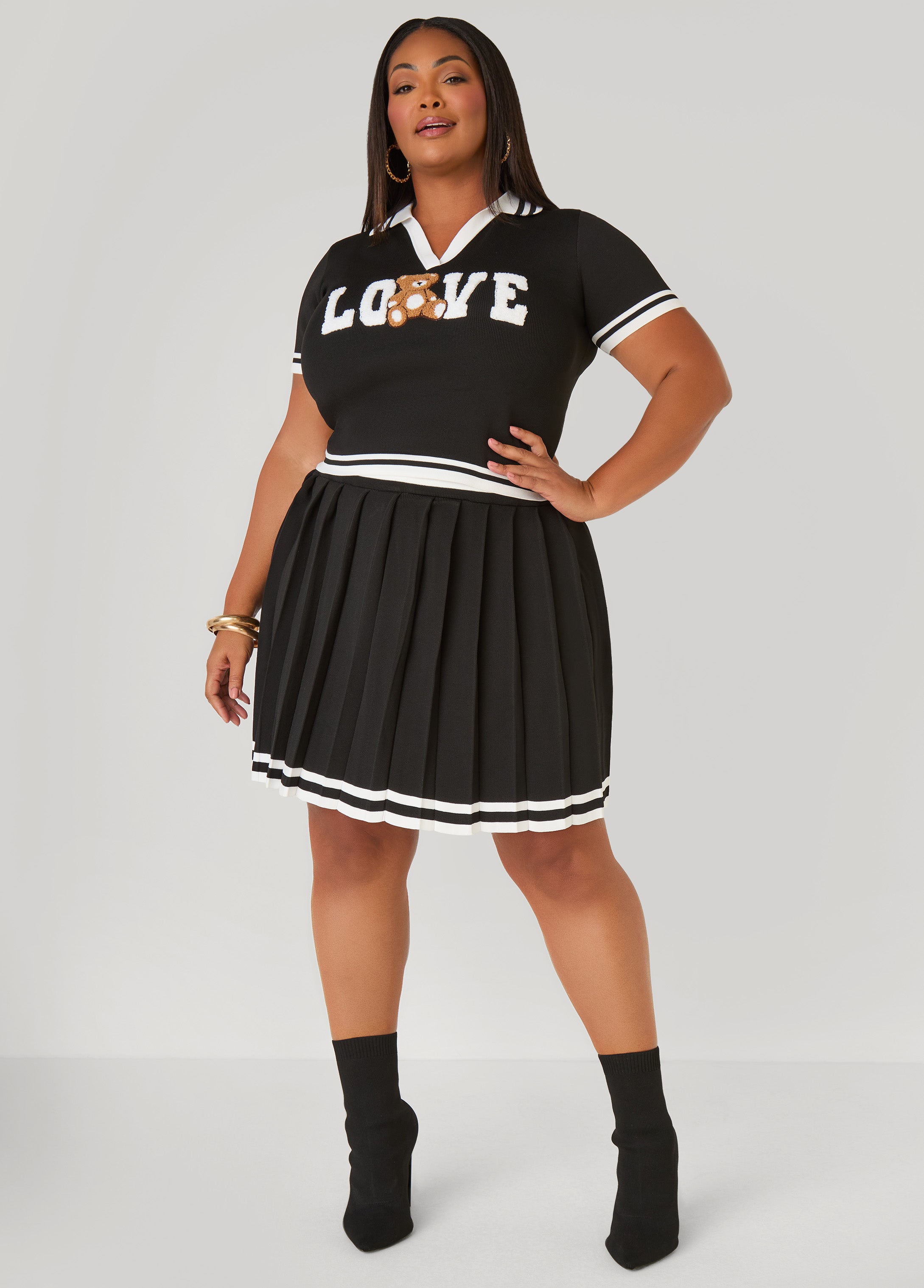 Plus Size Pleated Knit Mini Skirt, Black, 22/24 - Ashley Stewart