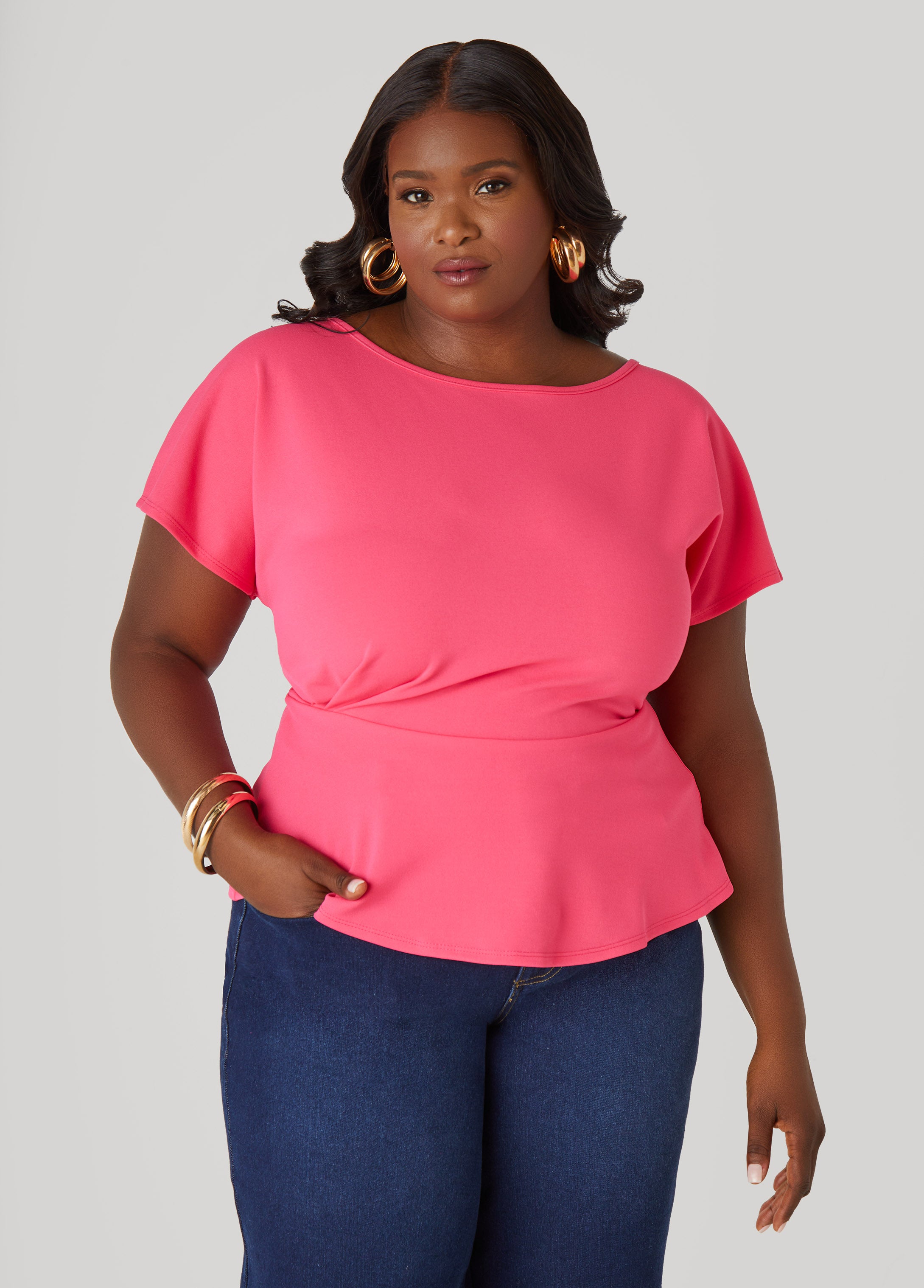 Plus Size Pleated Peplum Top, Fuchsia, 22/24 - Ashley Stewart