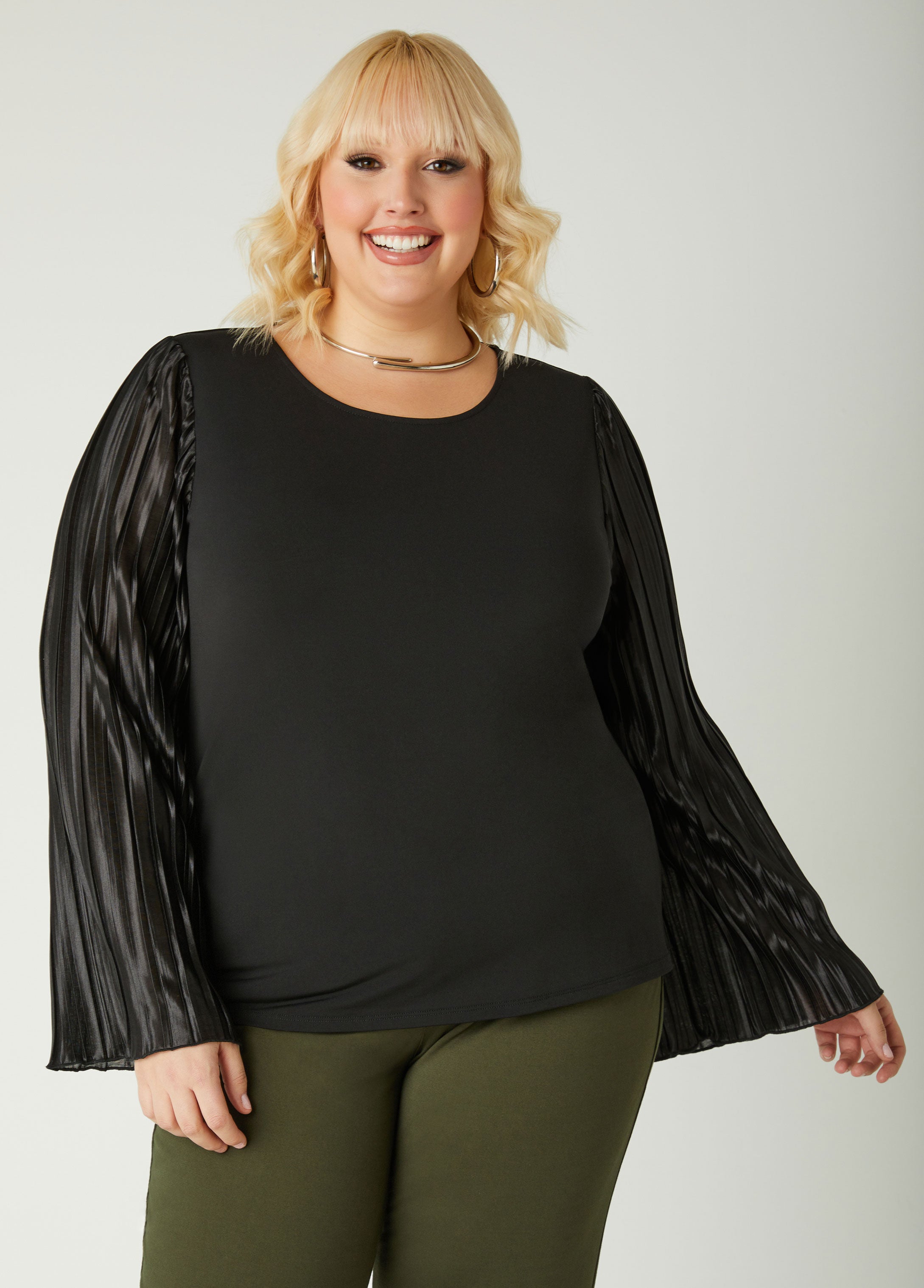 Plus Size Pleated Satin Paneled Top, Black, 22/24 - Ashley Stewart