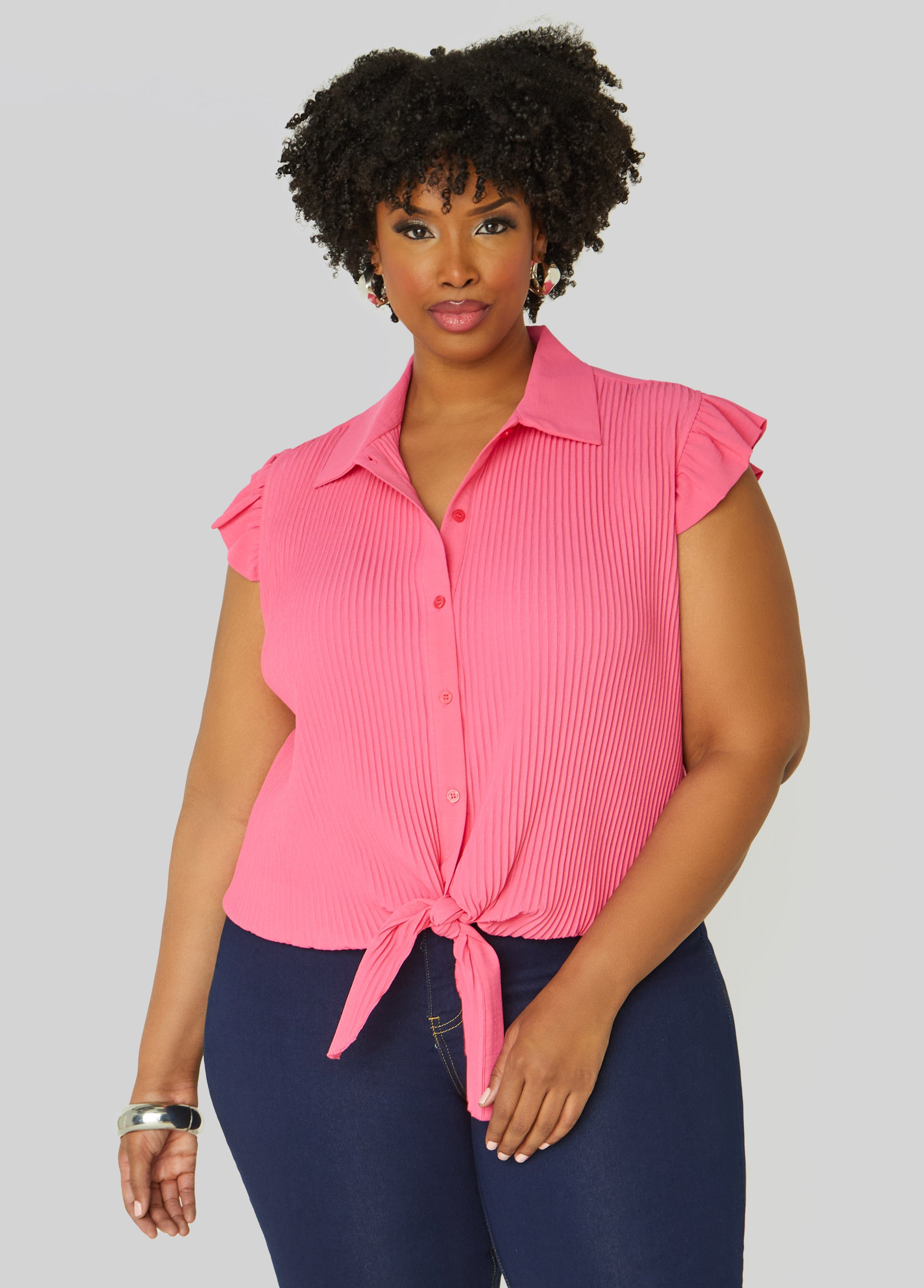 Plus Size Pleated Tie Front Shirt, Fandango Pink, 34/36 - Ashley Stewart