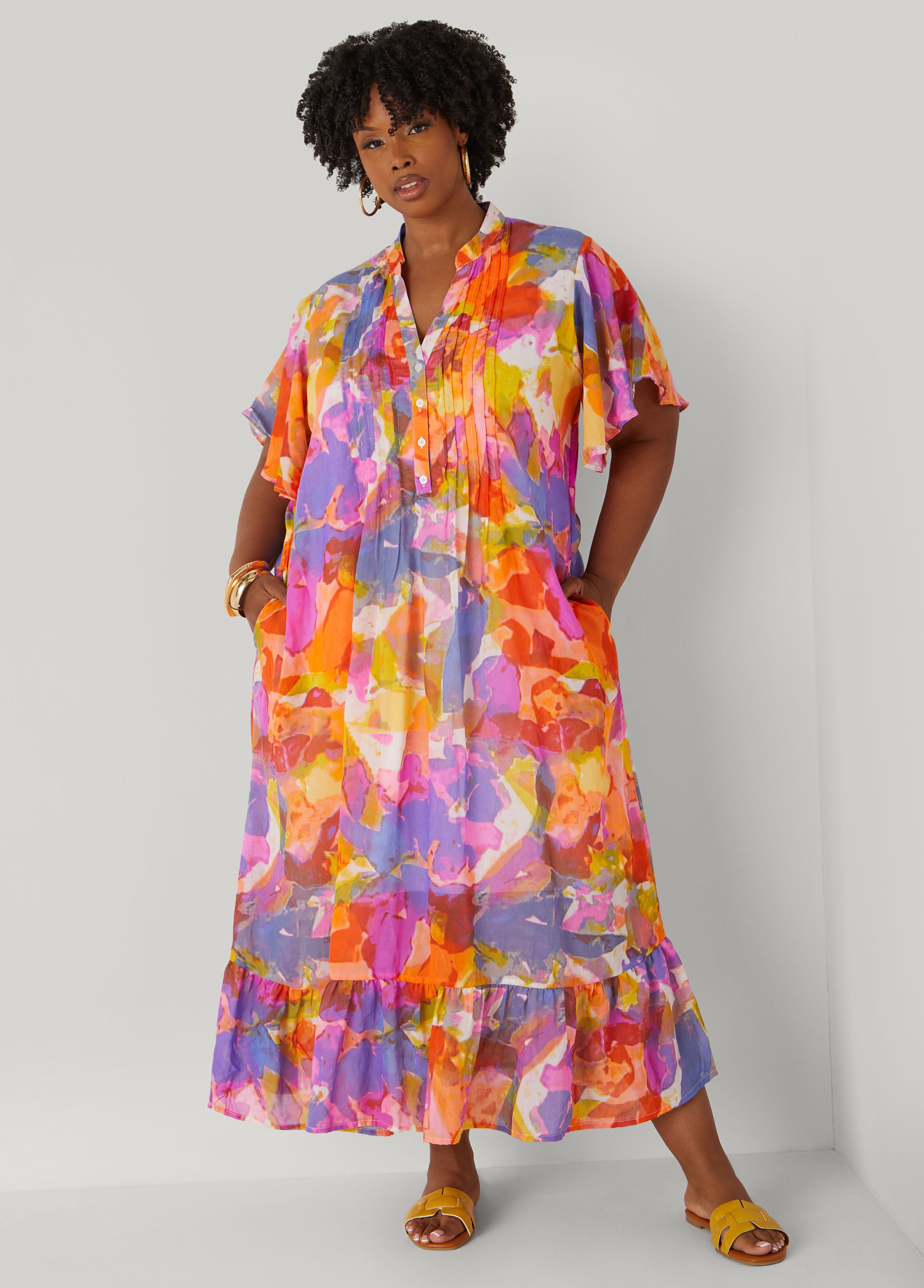 Plus Size Pleated Watercolor Maxi Dress, Multi, 12 - Ashley Stewart