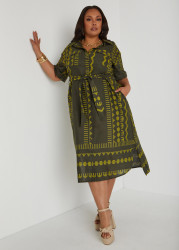 Plus Size Printed Linen Blend Shirtdress, Olive Night, 10 - Ashley Stewart
