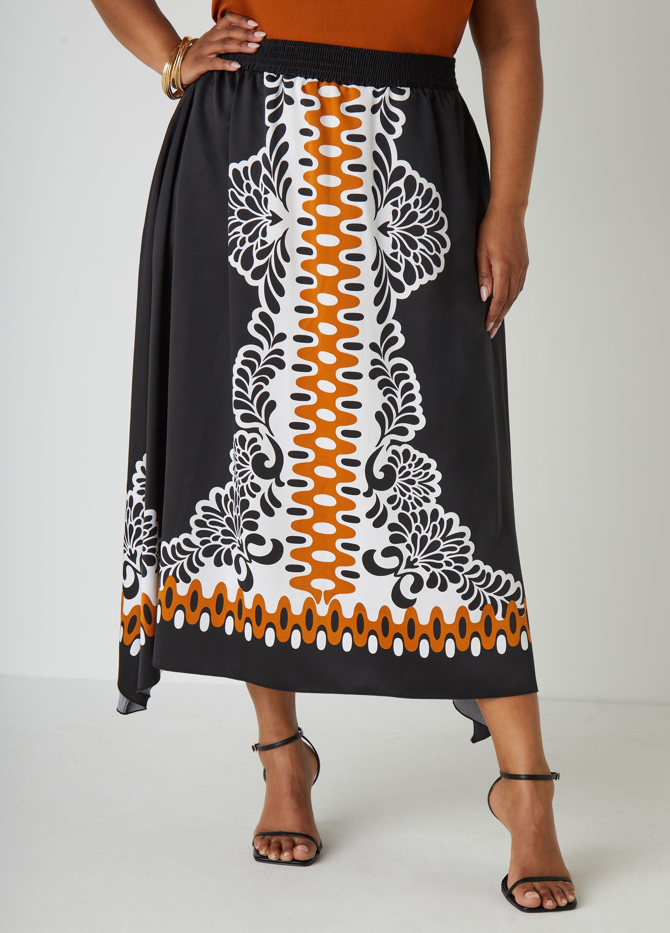 Plus Size Printed Satin Maxi Skirt, Black, 18/20 - Ashley Stewart