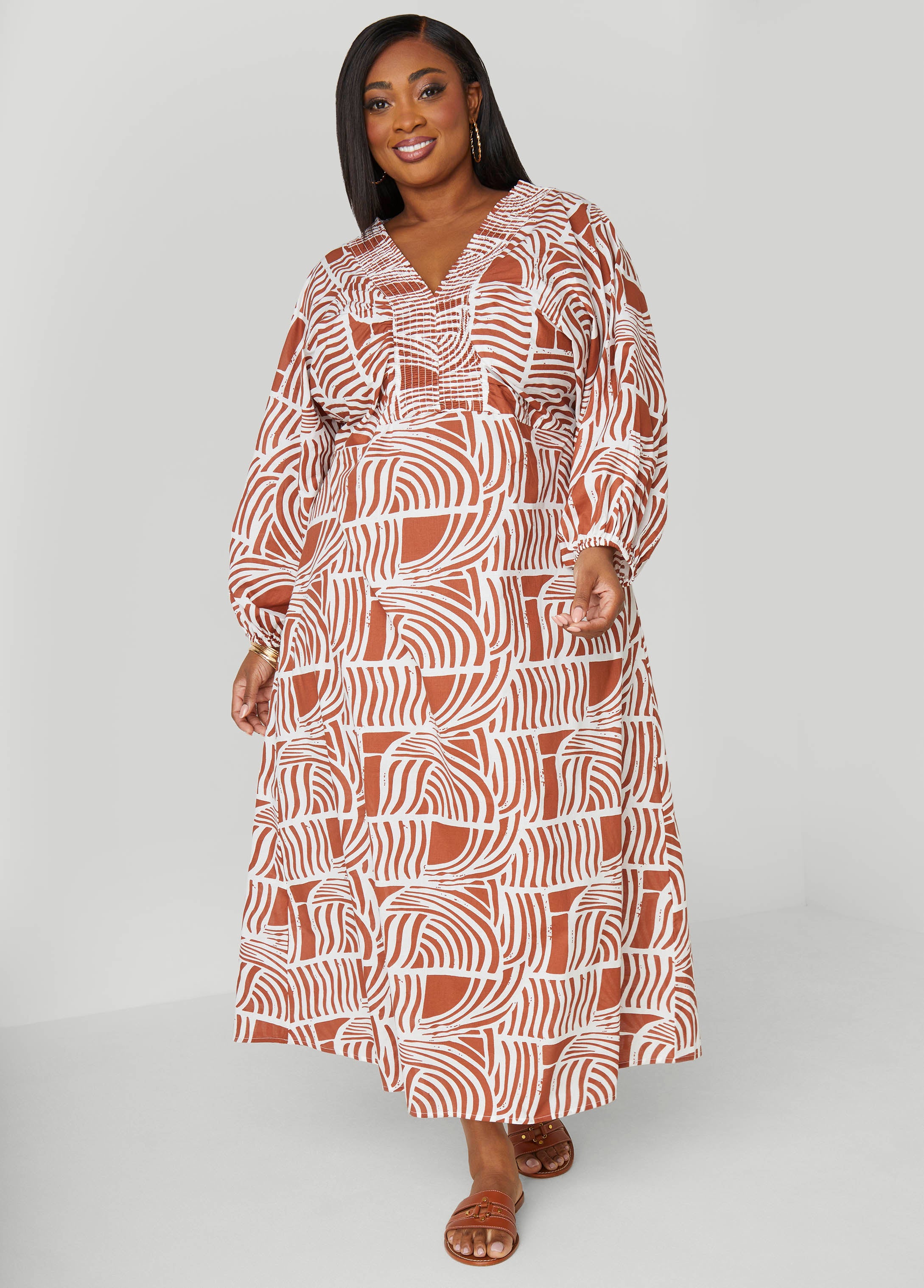 Plus Size Printed Shirred Cotton Dress, Caramel Cafe, 22/24 - Ashley Stewart