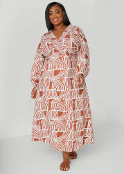 Plus Size Printed Shirred Cotton Dress, Caramel Cafe, 22/24 - Ashley Stewart
