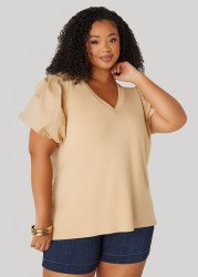 Plus Size Puff Sleeve Paneled V Neck Tee, White, 14/16 - Ashley Stewart