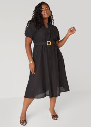 Plus Size Puff Sleeved Cotton Shirtdress, Black, 1X - Ashley Stewart