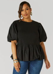 Plus Size Puff Sleeved Peplum Tee, Black, 10/12 - Ashley Stewart