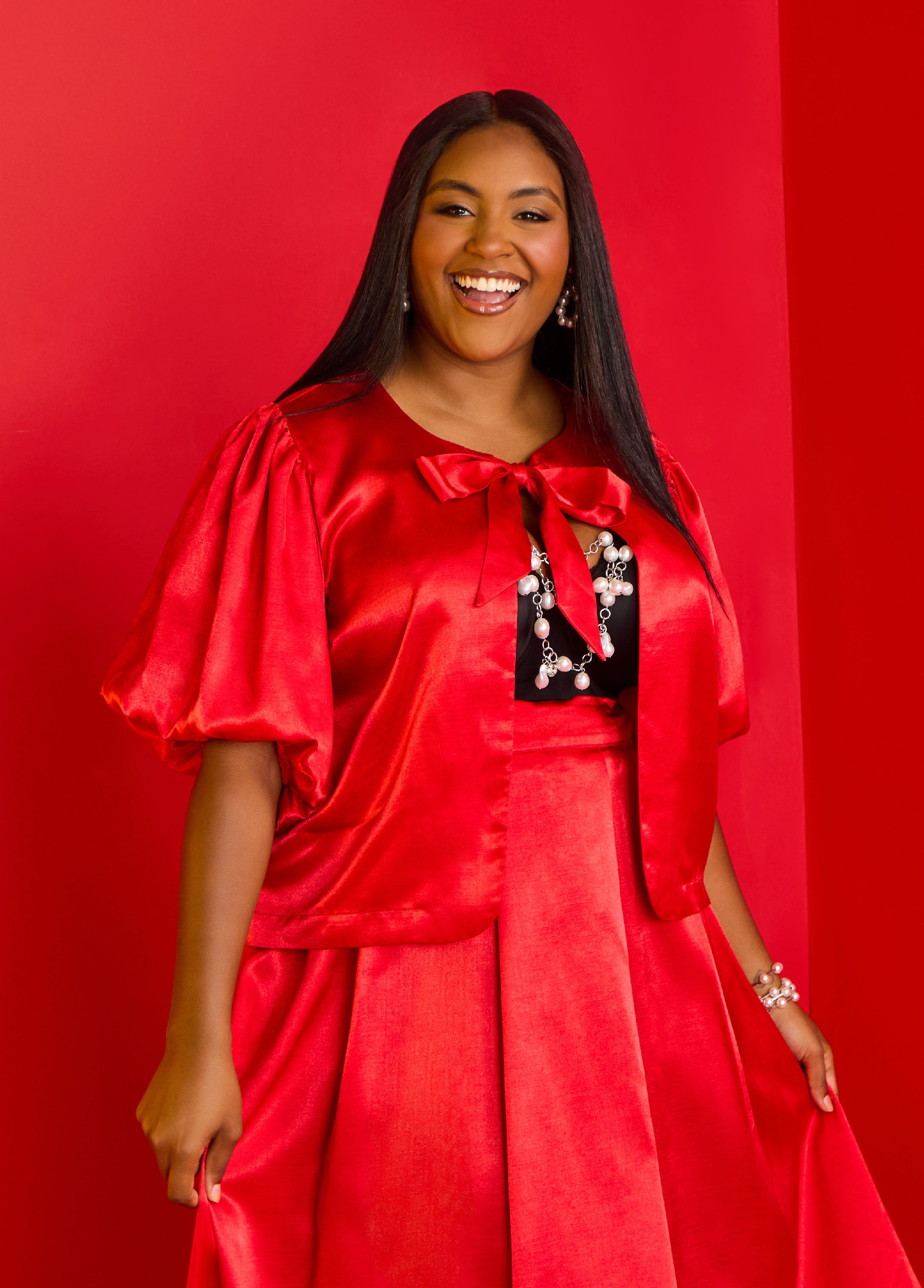 Plus Size Puff Sleeved Tie Front Top, Lychee, 18/20 - Ashley Stewart