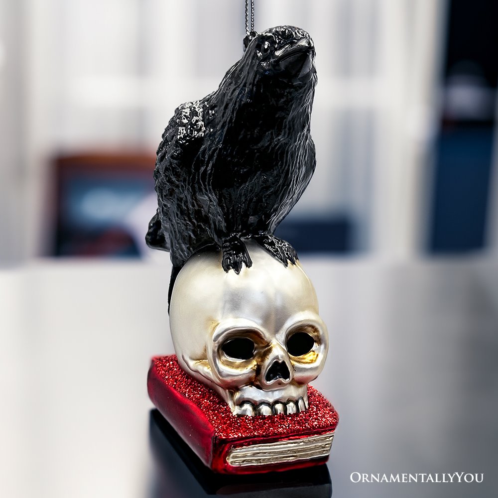 Plus Size Raven on Skull and Book Glass Ornament, Horror Edgar Allan Poe Decoration, Default Title,  - Ashley Stewart