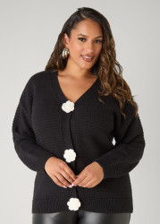 Plus Size Ribbed Rosette Cardigan, Black White, 10/12 - Ashley Stewart