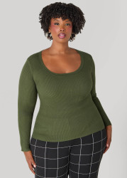 Plus Size Ribbed Scoop Neck Sweater, Green, 1X - Ashley Stewart