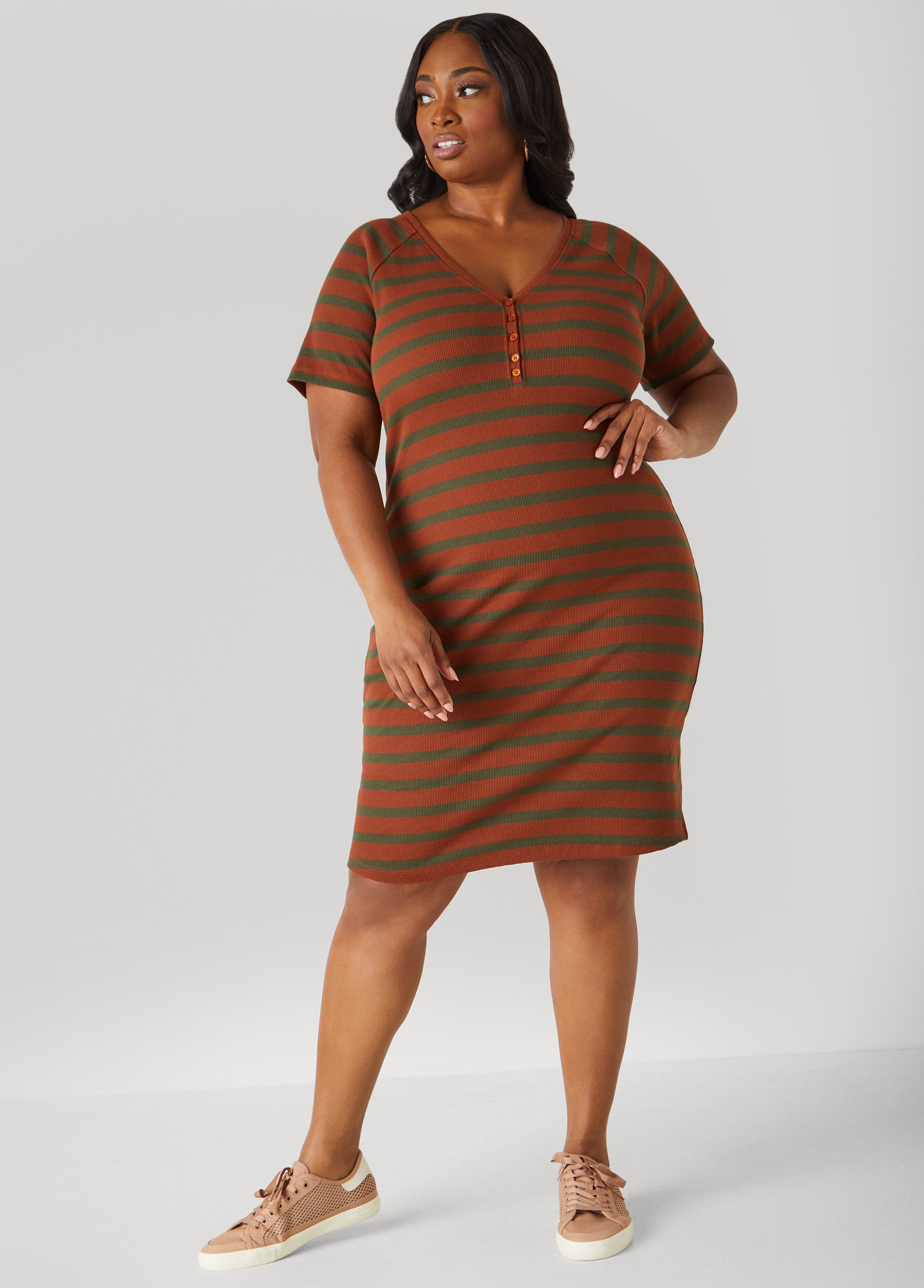 Plus Size Ribbed Striped T Shirt Dress, Caramel Cafe, 12 - Ashley Stewart