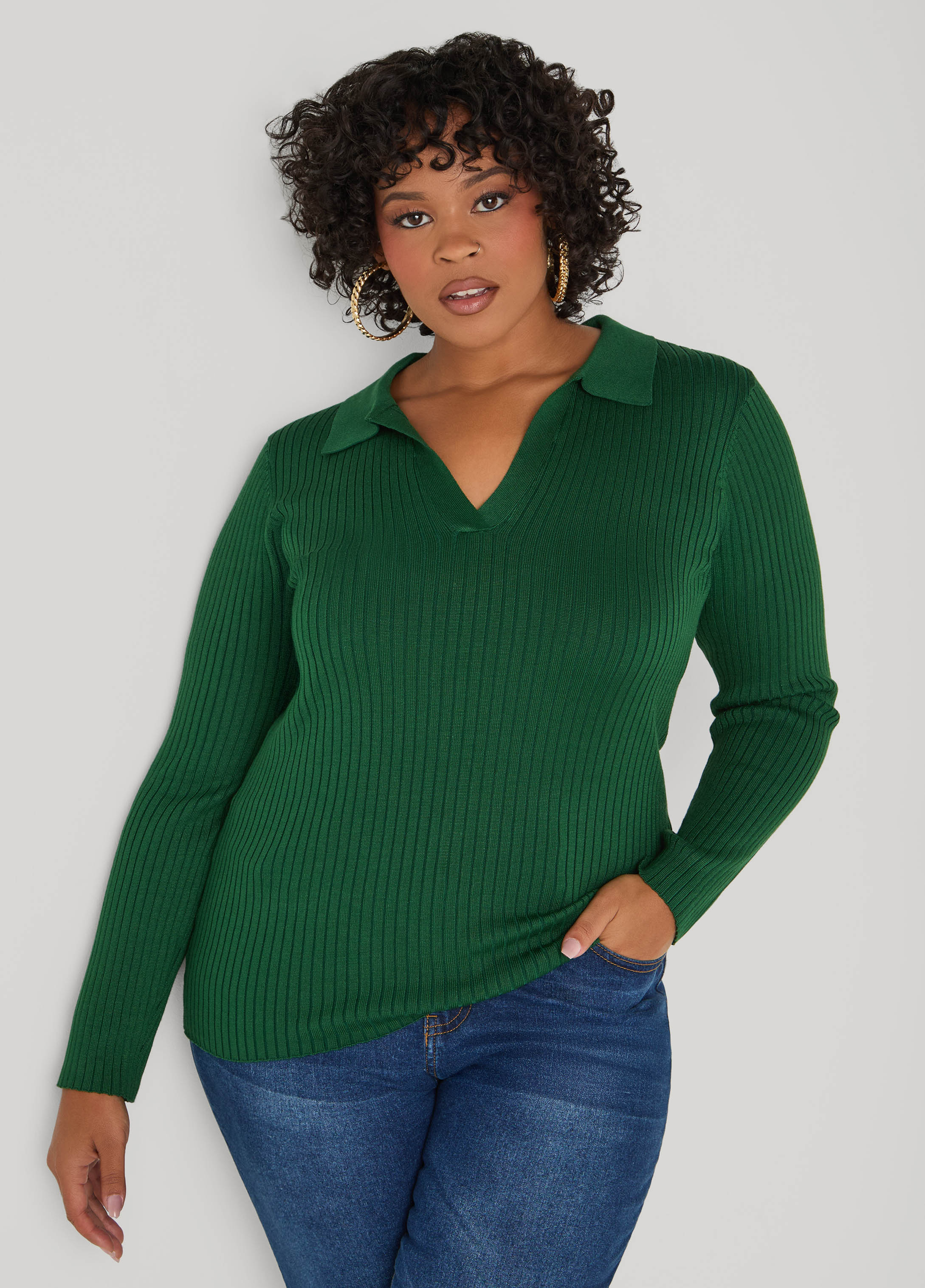 Plus Size Ribbed V Neck Sweater, White, 10/12 - Ashley Stewart