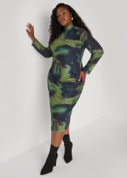 Plus Size Ruched Printed Mesh Dress, Green, 14/16 - Ashley Stewart