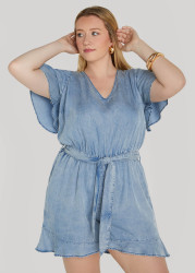 Plus Size Ruffle Trimmed Chambray Romper, Denim, 22/24 - Ashley Stewart