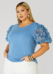 Plus Size Ruffled Mesh Paneled Top, Riviera, 10/12 - Ashley Stewart