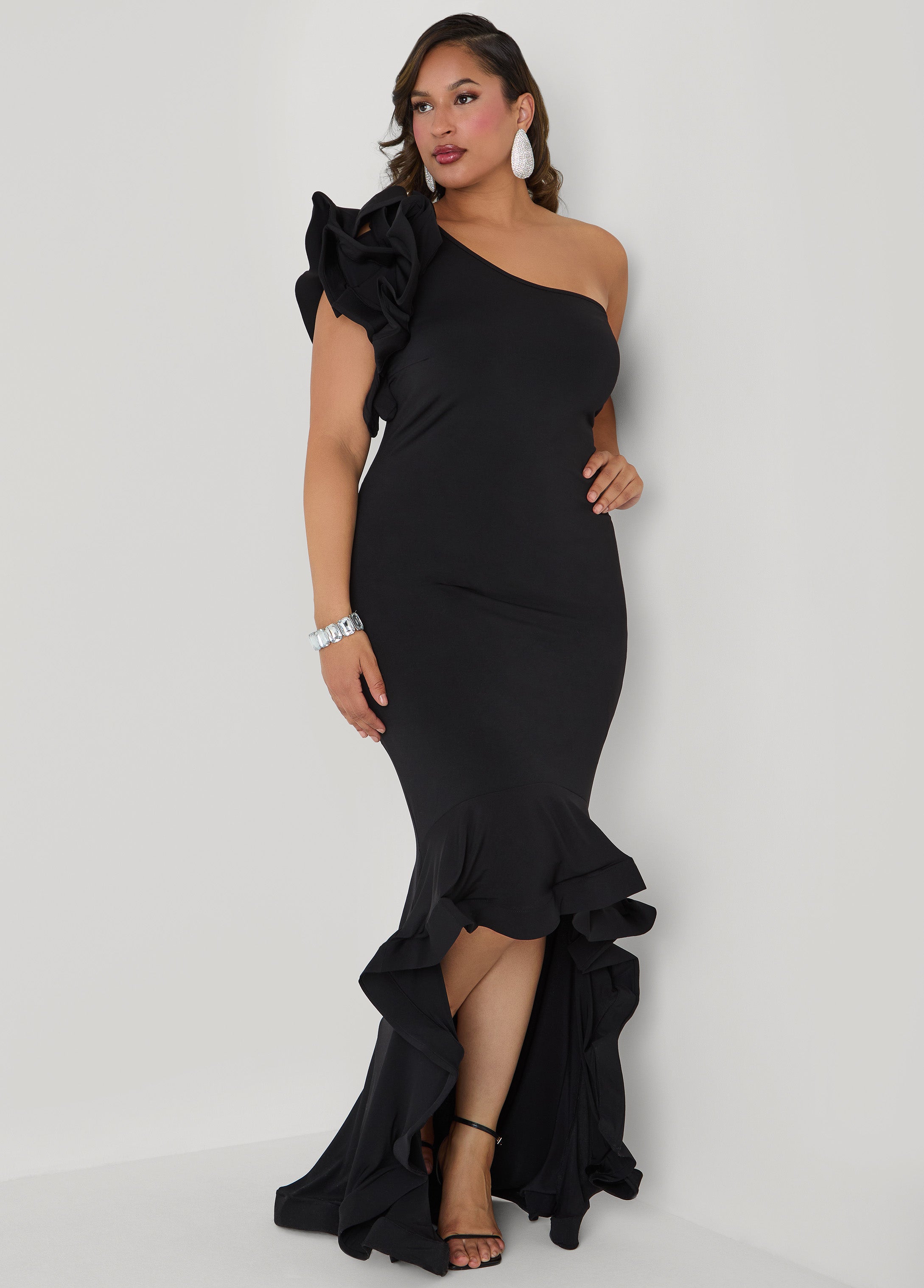 Plus Size Ruffled One Shoulder Gown, Black, 12 - Ashley Stewart
