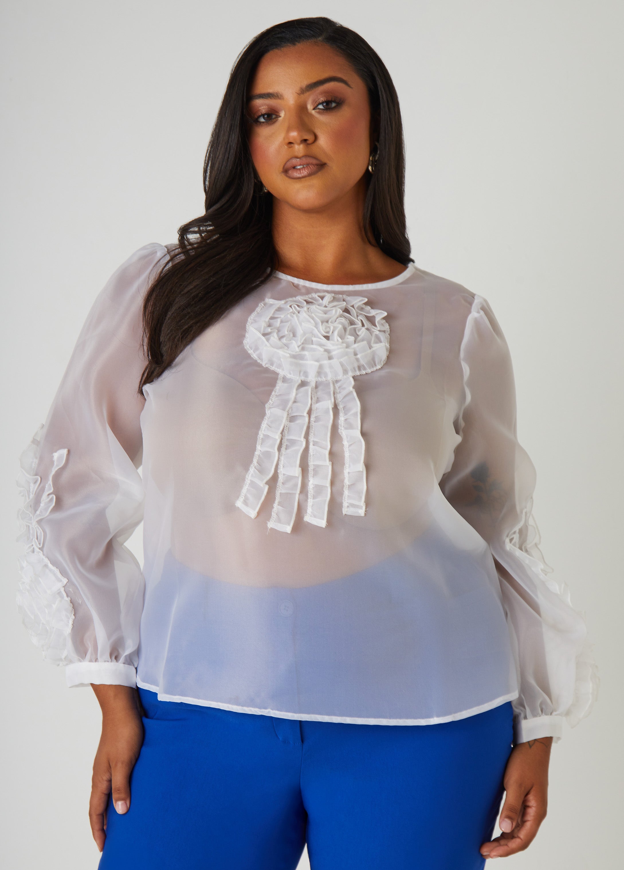 Plus Size Ruffled Rosette Blouse, White, 30/32 - Ashley Stewart