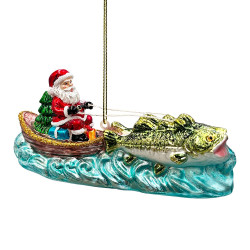 Plus Size Santa's Fishing Adventure Glass Christmas Ornament, Holiday Angler Fish in Sleigh, Default Title,  - Ashley Stewart