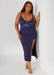 Plus Size Satin Paneled Ribbed Lingerie Gown, Navy, 1X - Ashley Stewart