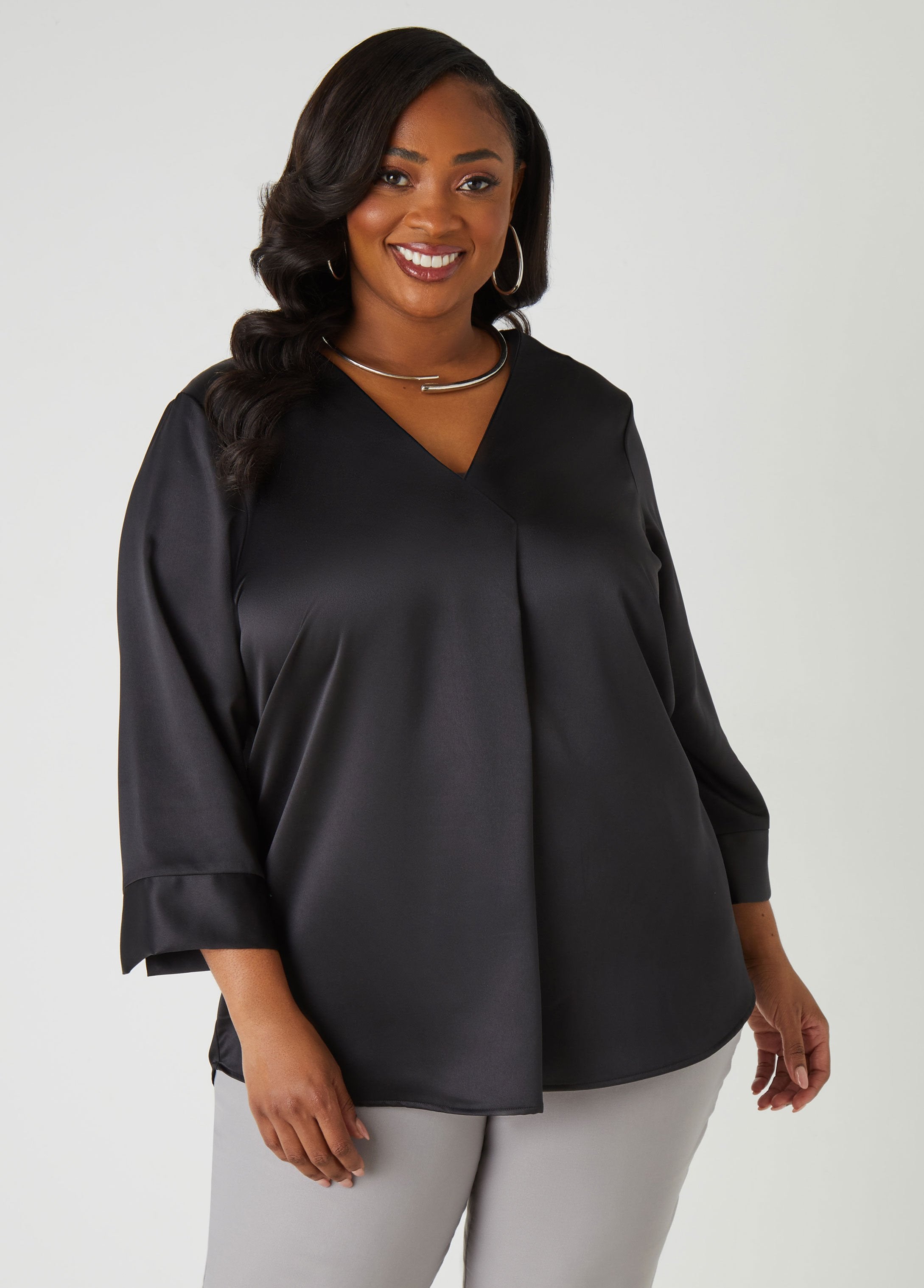 Plus Size Satin V Neck Blouse, Black, 26/28 - Ashley Stewart