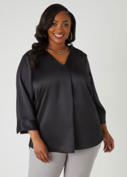 Plus Size Satin V Neck Blouse, Black, 26/28 - Ashley Stewart
