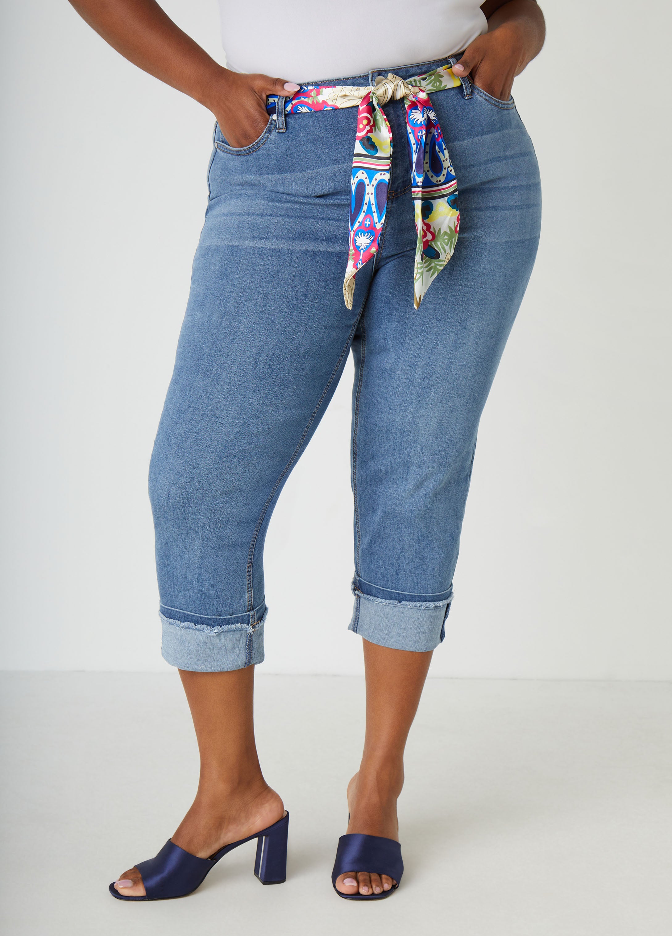 Plus Size Scarf Belt Stretch Denim Capris, Medium Blue, 16 - Ashley Stewart