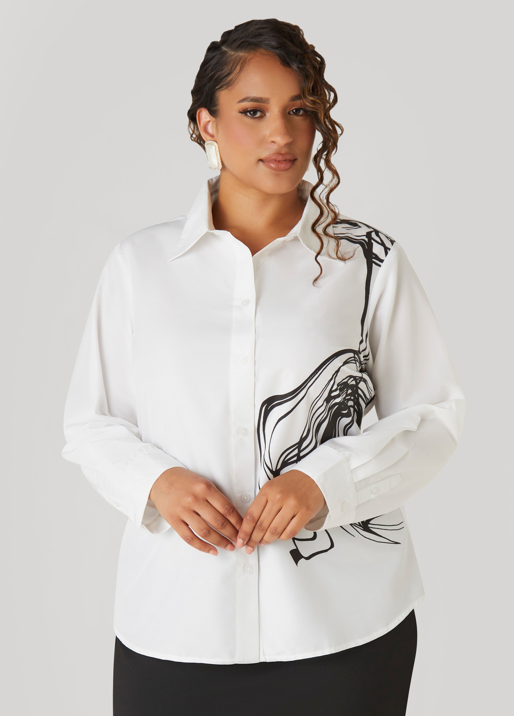 Plus Size Scribble Print Shirt, White Black, 12 - Ashley Stewart
