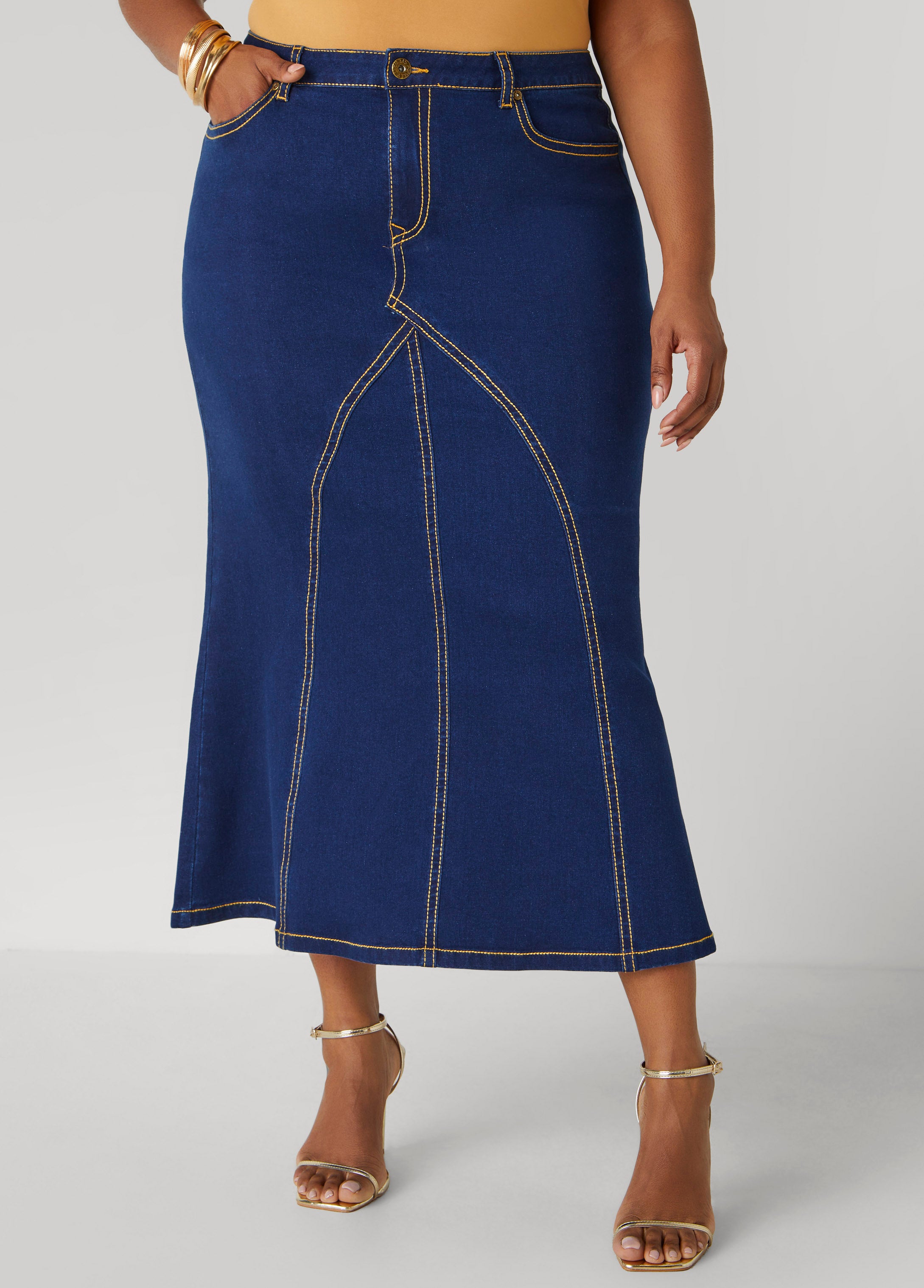 Plus Size Seam Detailed Maxi Skirt, Dk Wash, 20 - Ashley Stewart