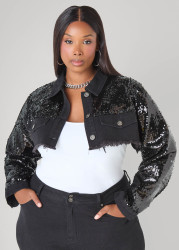 Plus Size Sequined Cropped Denim Jacket, Dk Rinse, 26/28 - Ashley Stewart