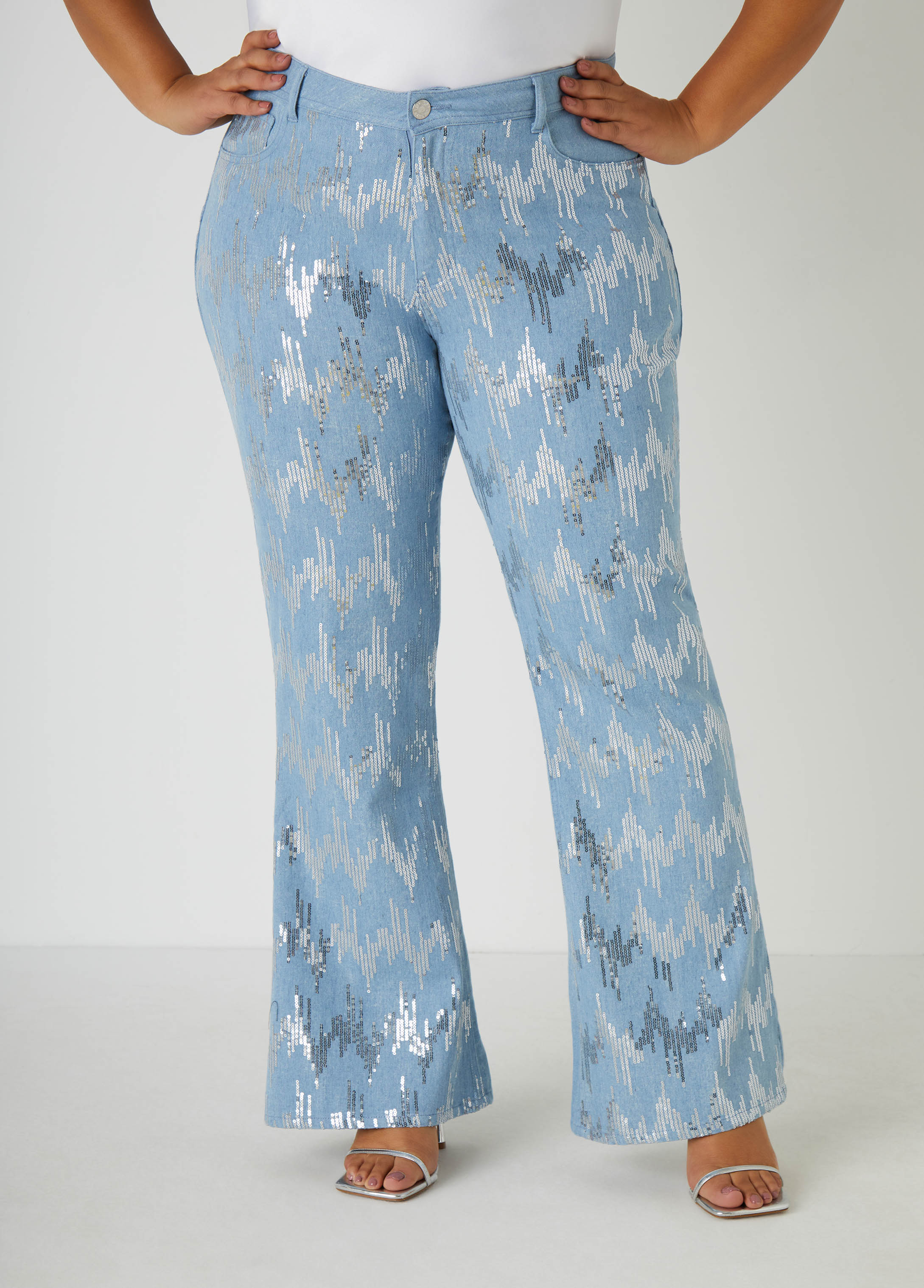 Plus Size Sequined Flared Jeans, Lt Sky Blue, 34 - Ashley Stewart
