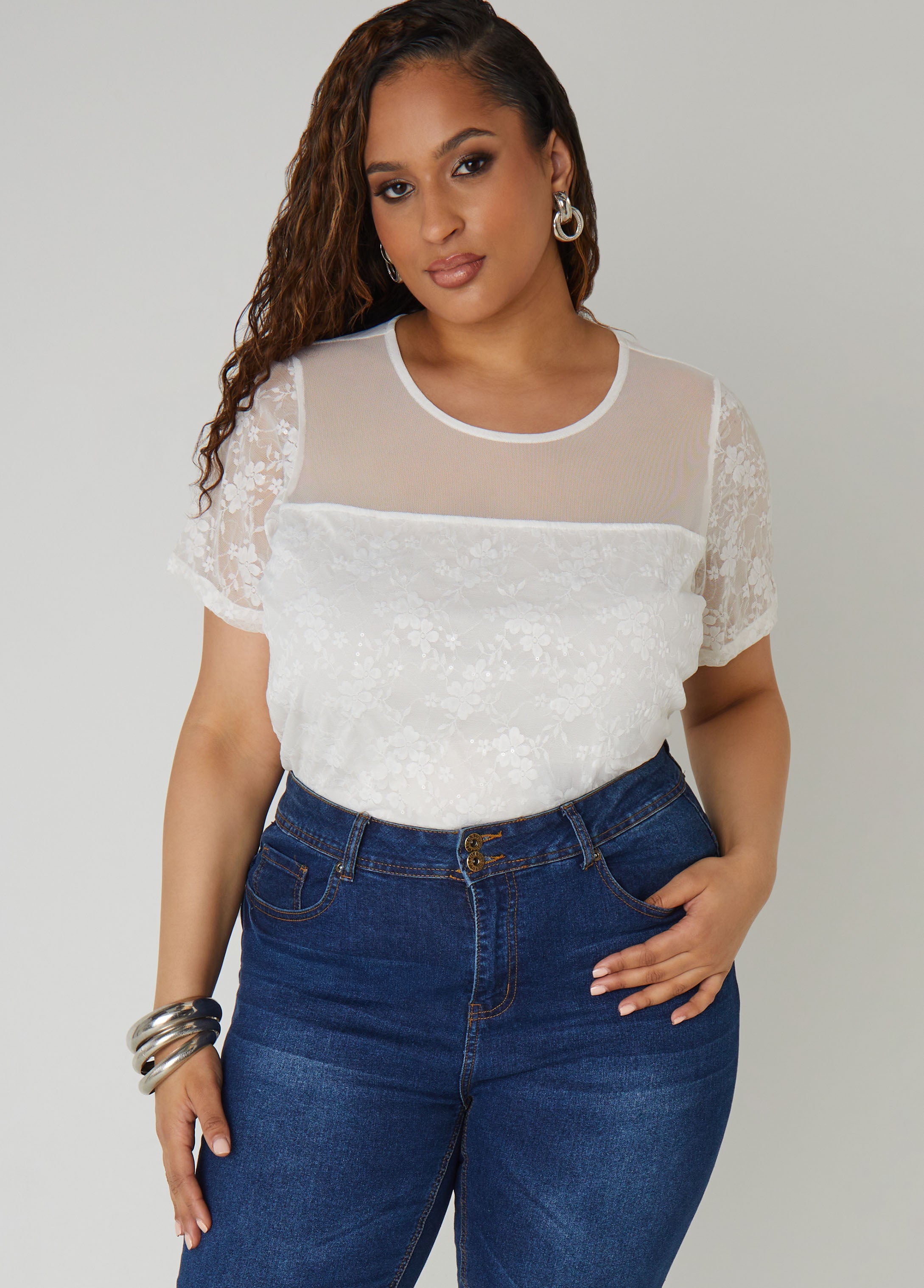 Plus Size Sequined Floral Mesh Top, White, 3X - Ashley Stewart