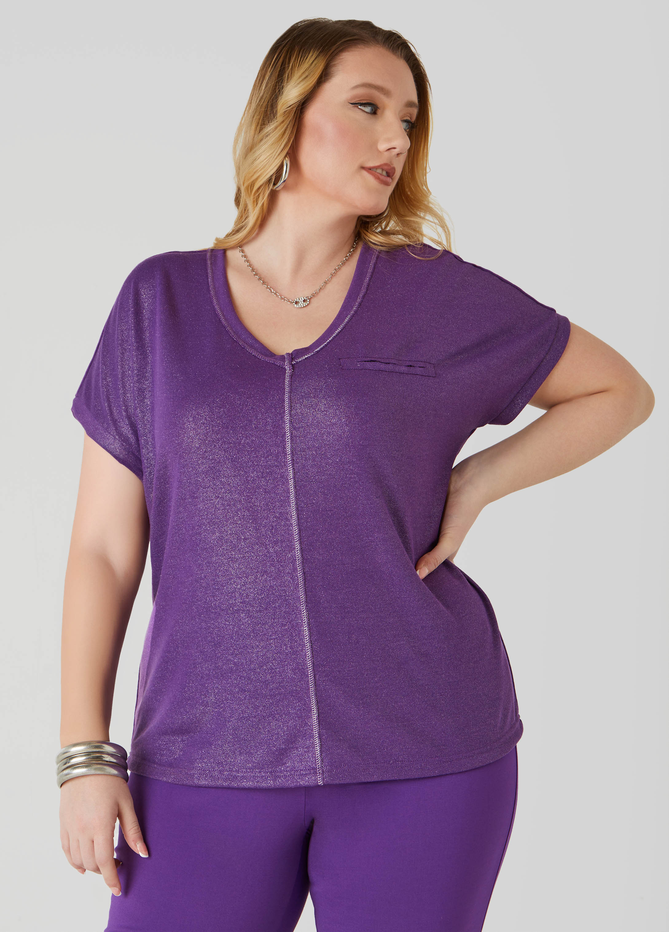 Plus Size Sequined Metallic Jersey Tee, White, 18/20 - Ashley Stewart