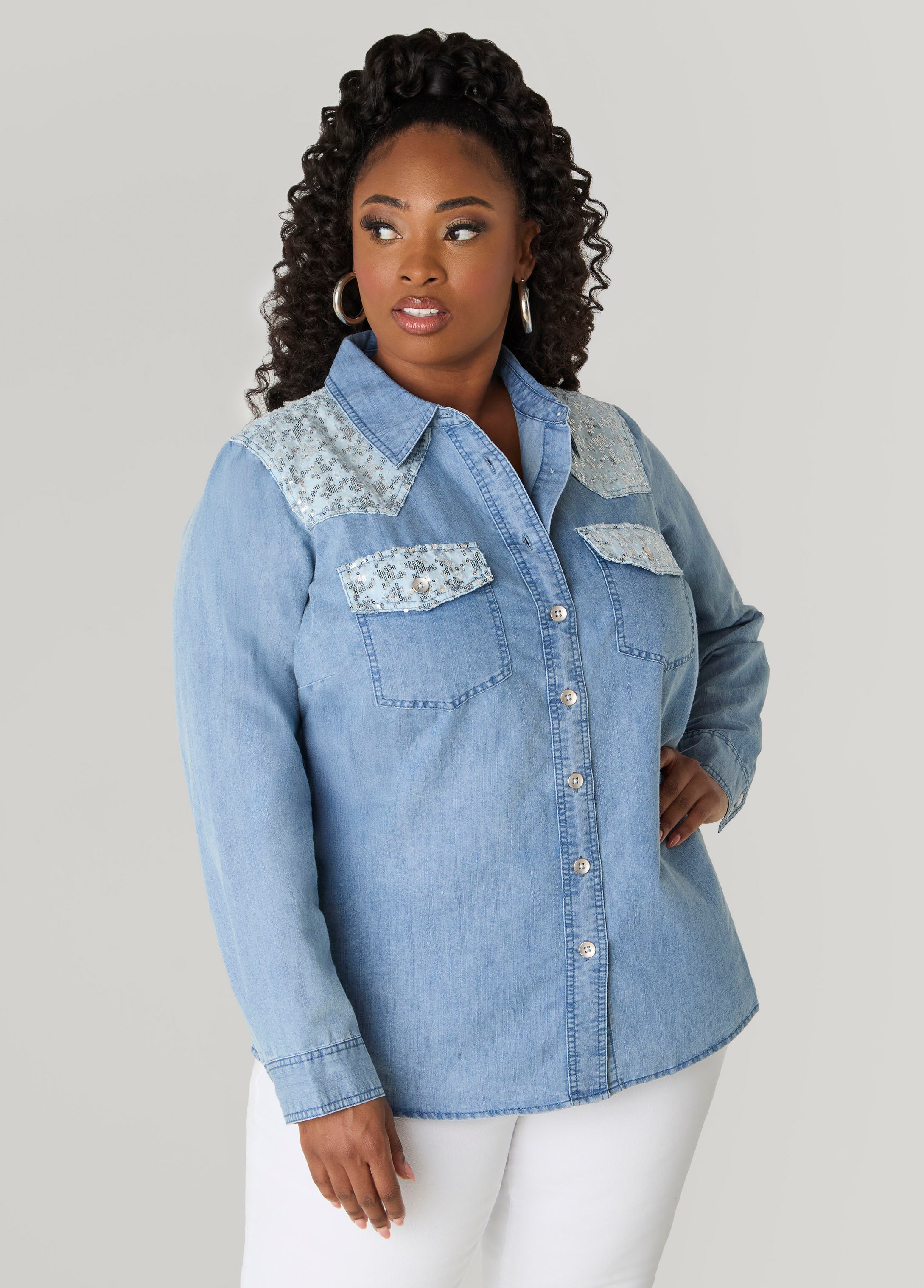 Plus Size Sequined Patchwork Denim Shirt, Denim, 18 - Ashley Stewart