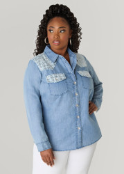 Plus Size Sequined Patchwork Denim Shirt, Denim, 18 - Ashley Stewart