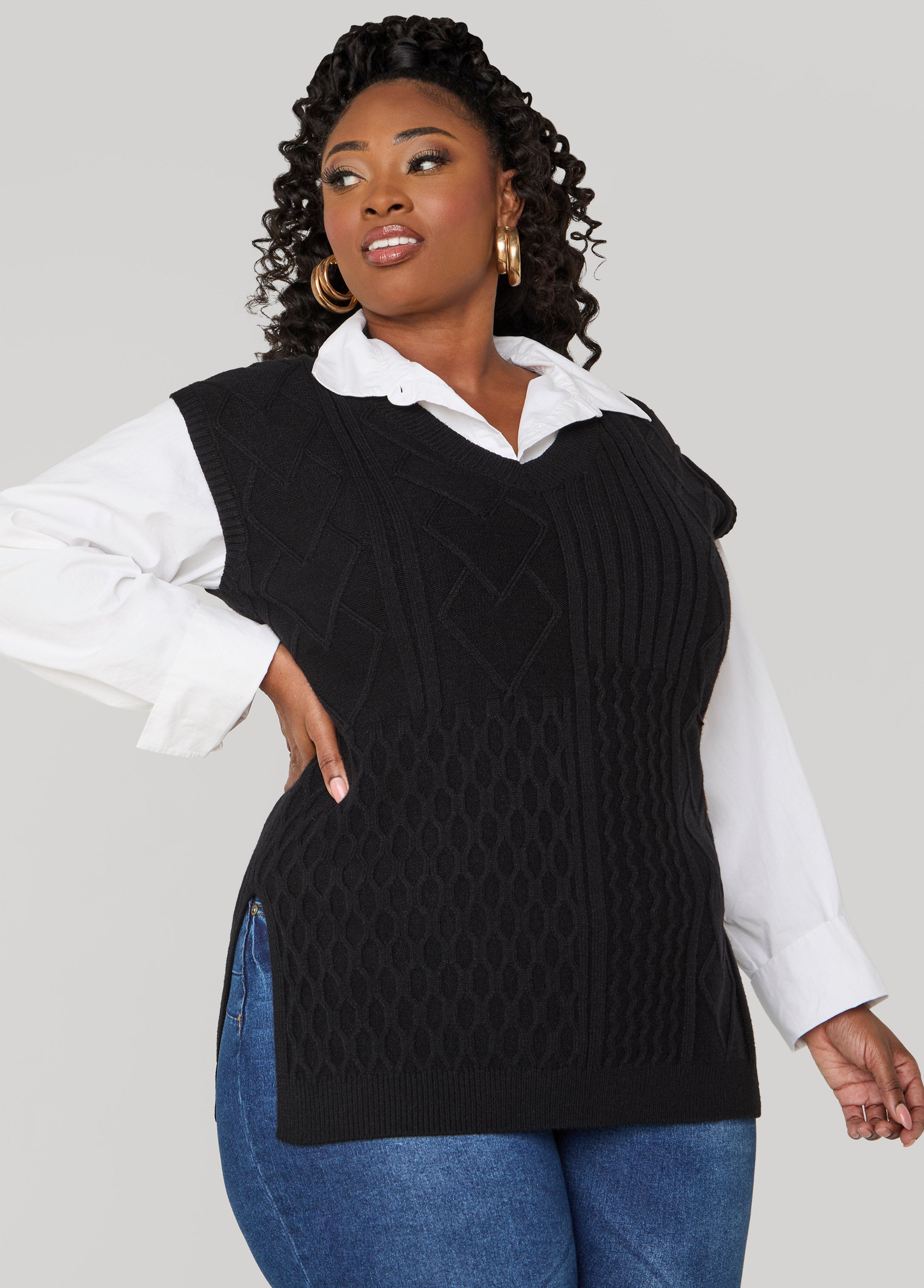 Plus Size Side Slit Cable Knit Vest, Black, 14/16 - Ashley Stewart