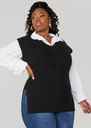 Plus Size Side Slit Cable Knit Vest, Black, 14/16 - Ashley Stewart