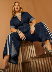 Plus Size Snap Detail Striped Denim Jumpsuit, Denim Blue, 30/32 - Ashley Stewart