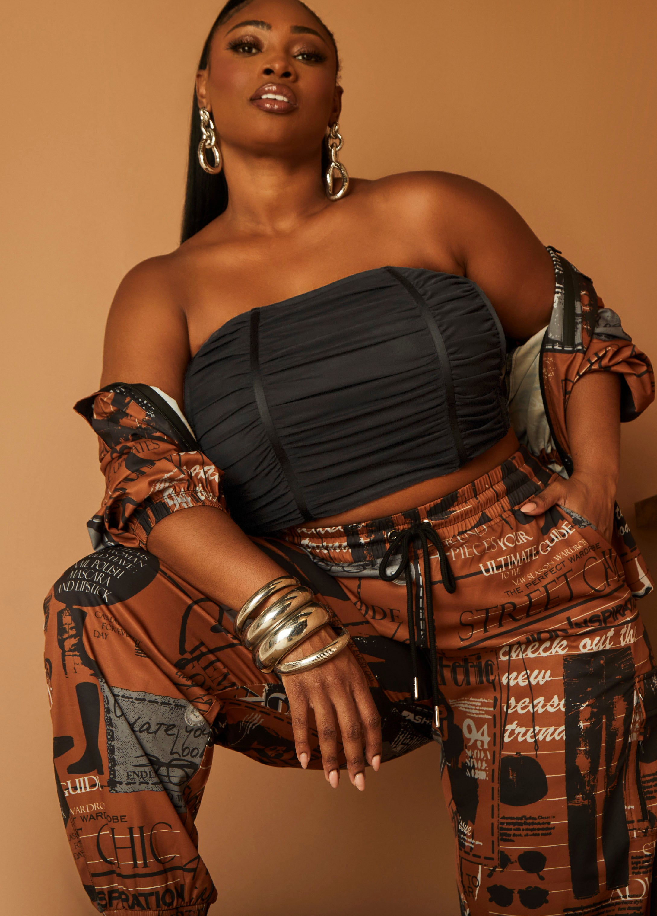 Plus Size Strapless Ruched Mesh Corset Top, Black, 16 - Ashley Stewart