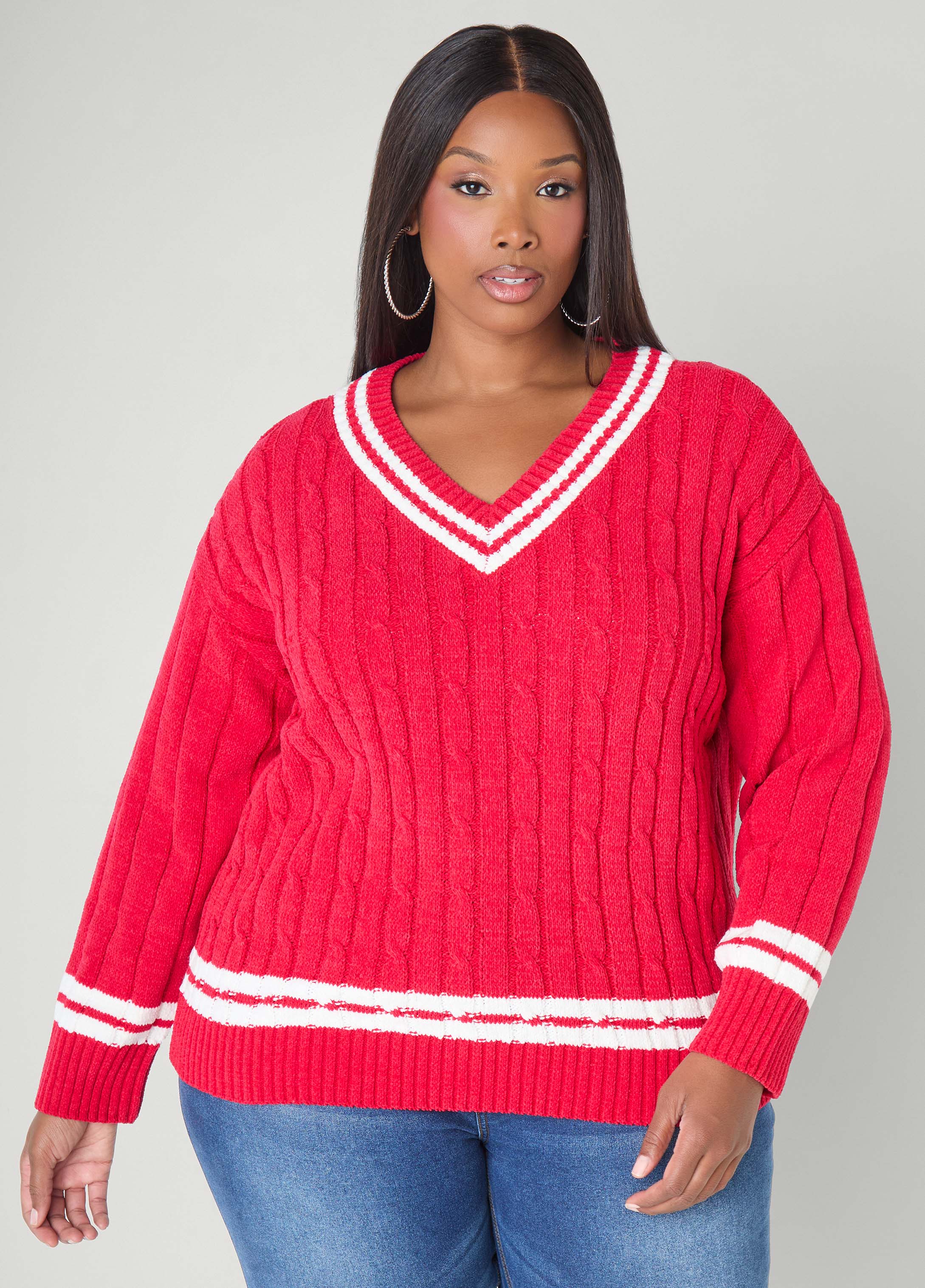 Plus Size Striped Cable Knit Sweater, Lychee, 14/16 - Ashley Stewart
