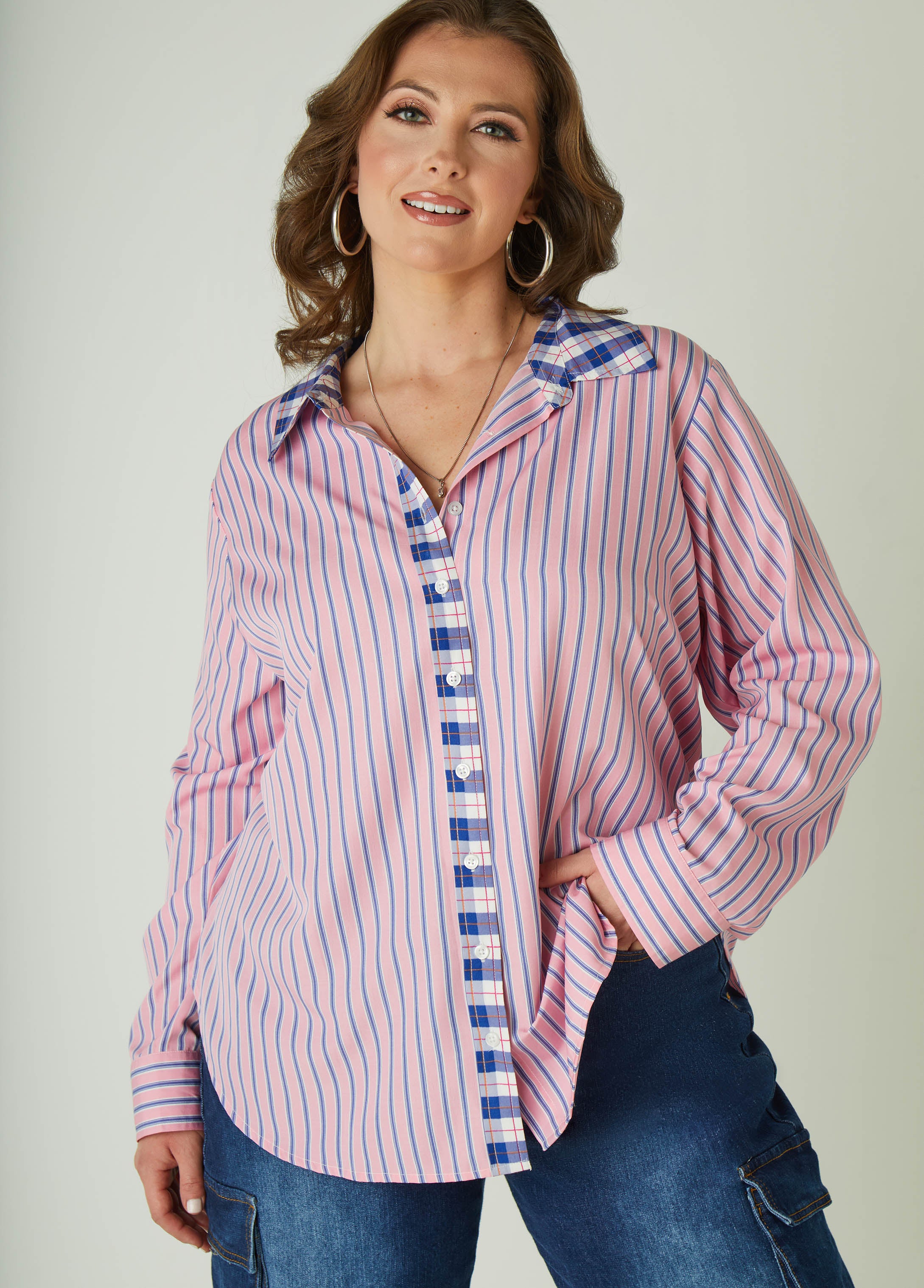 Plus Size Striped Collared Shirt, Multi, 32 - Ashley Stewart