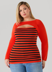 Plus Size Striped Cutout Sweater, Tangerine, 14/16 - Ashley Stewart