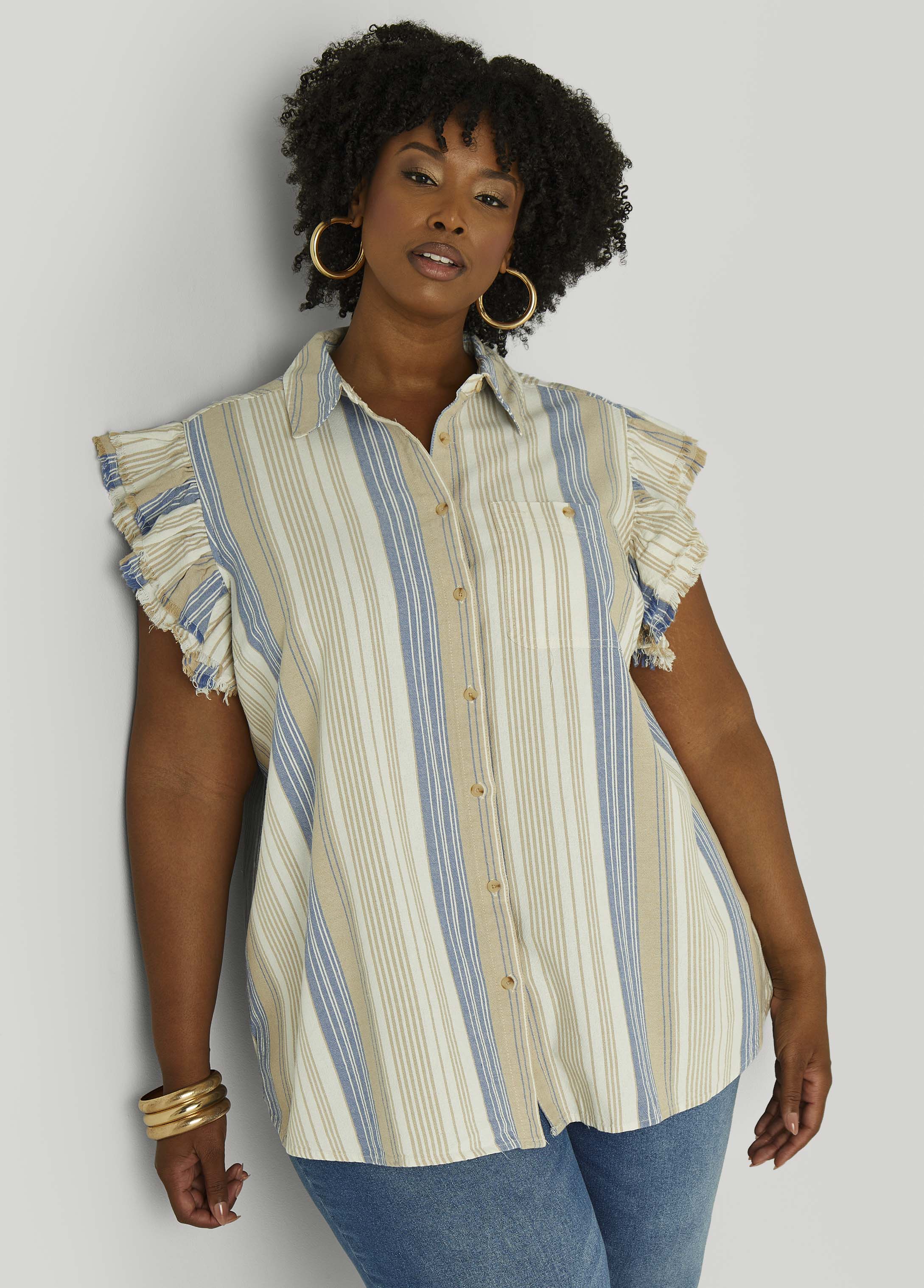 Plus Size Striped Flutter Sleeve Blouse, Natural, 14 - Ashley Stewart