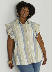 Plus Size Striped Flutter Sleeve Blouse, Natural, 14 - Ashley Stewart