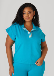 Plus Size Striped French Terry Polo, BlueBird, 18/20 - Ashley Stewart