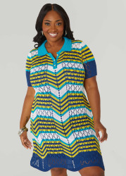 Plus Size Striped Pointelle Knit Polo Dress, BlueBird, 26/28 - Ashley Stewart