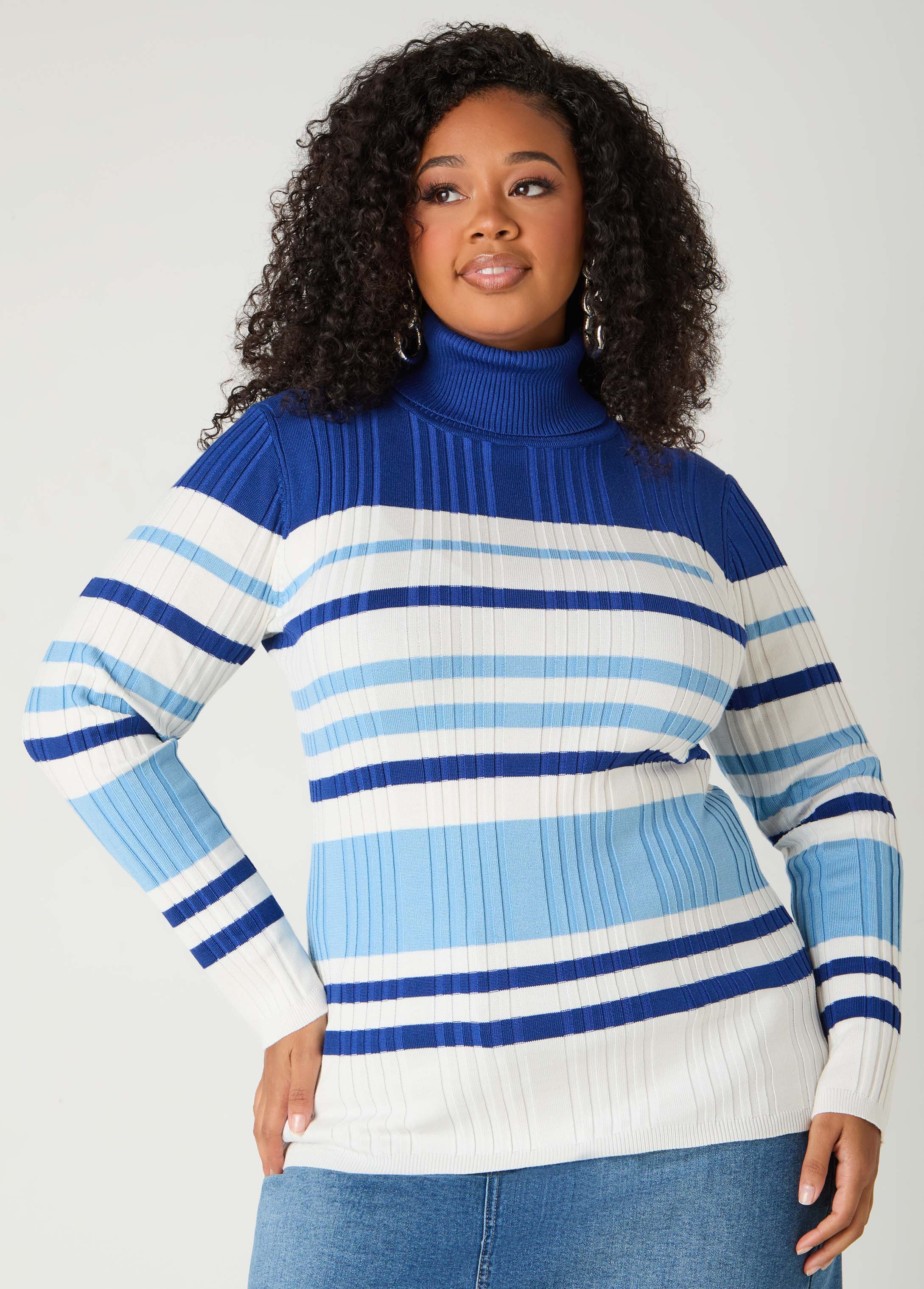 Plus Size Striped Ribbed Turtleneck Sweater, Blue, 14/16 - Ashley Stewart